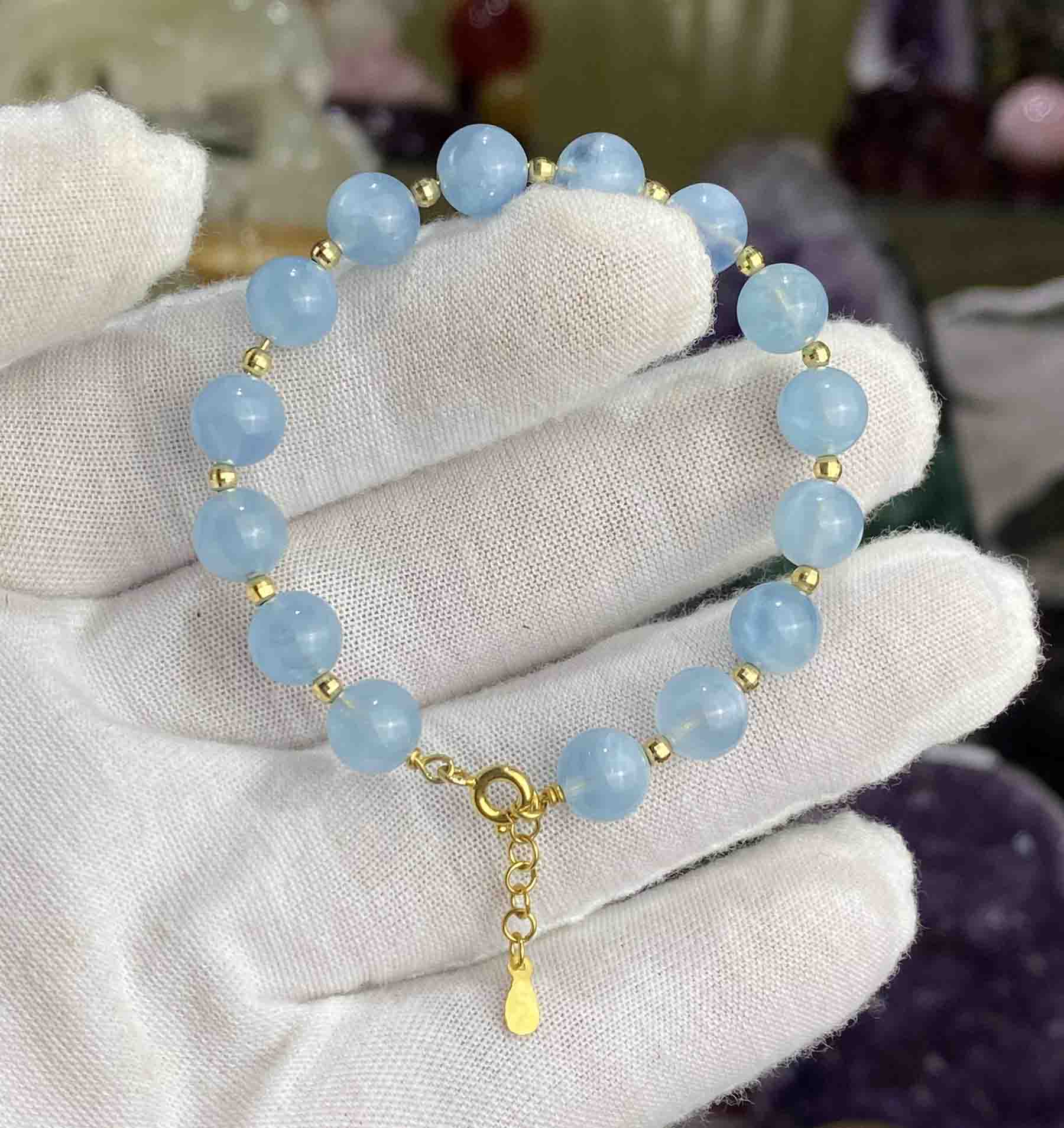 Vòng Tay Đá Thạch Anh Xanh Nước Biển Aquamarine Tự Nhiên Mix Vàng Cao Cấp