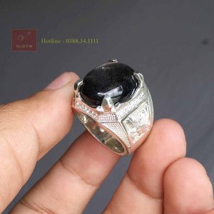 Nhẫn bạc nam 3D đá saphia đen thiên nhiên sang trọng