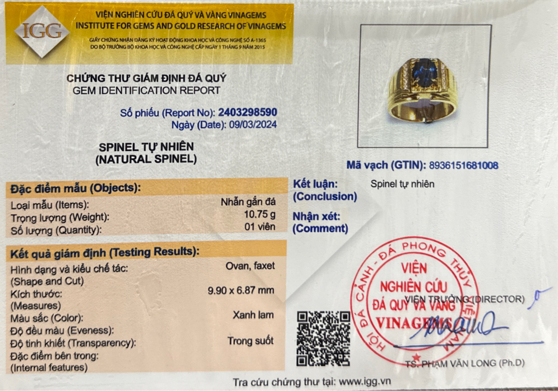 Nhẫn Đá Spinel Xanh Tự Nhiên Xanh Dương Bọc Vàng 18k Trang Sức Phong Thuỷ May Mắn