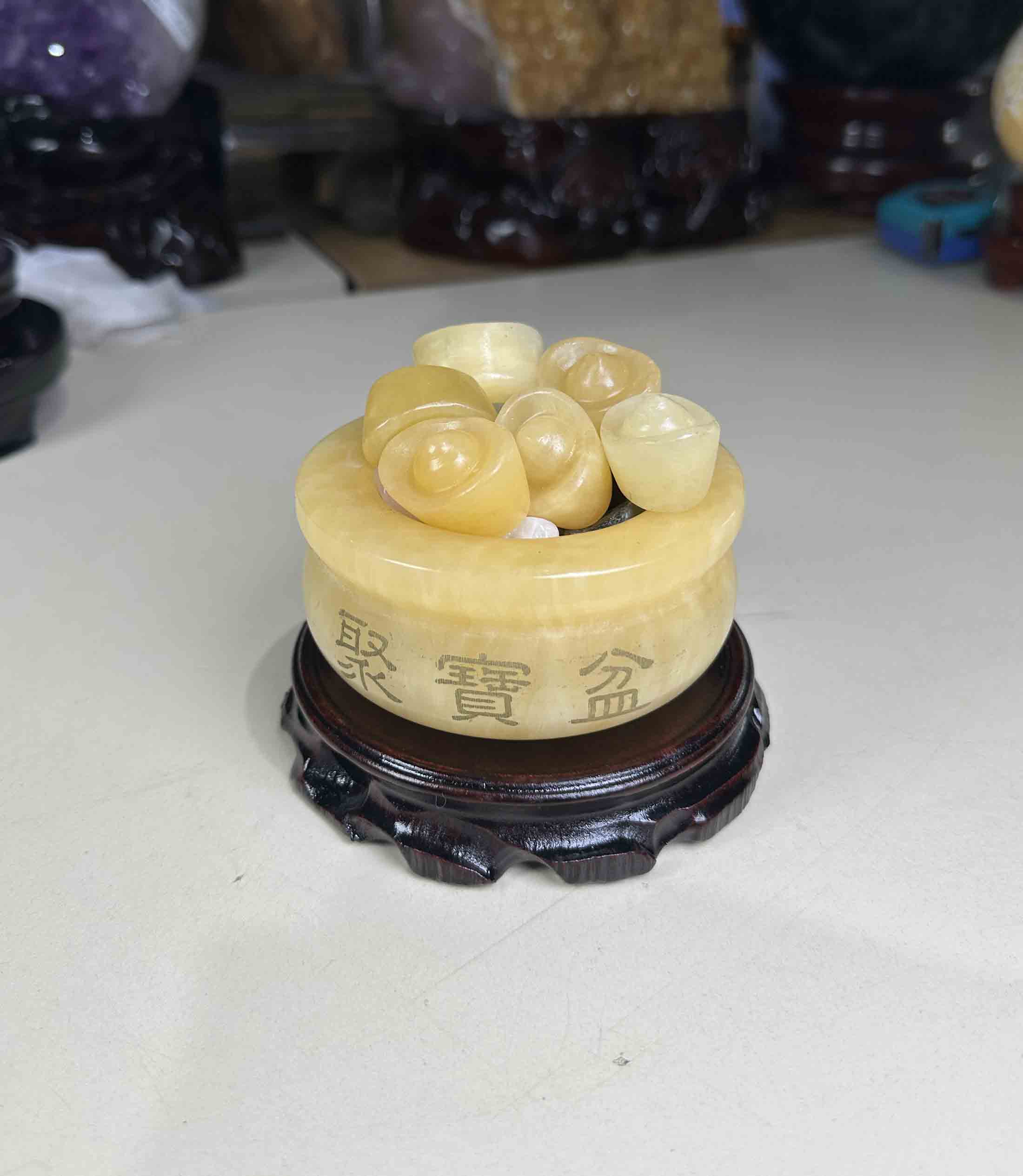 Bát Tụ Bảo Đá Ngọc Hoàng Long Tự Nhiên Vàng+Thạch Anh Ngũ Sắc Ngọc Đường Kính 10cm Hàng Chuẩn