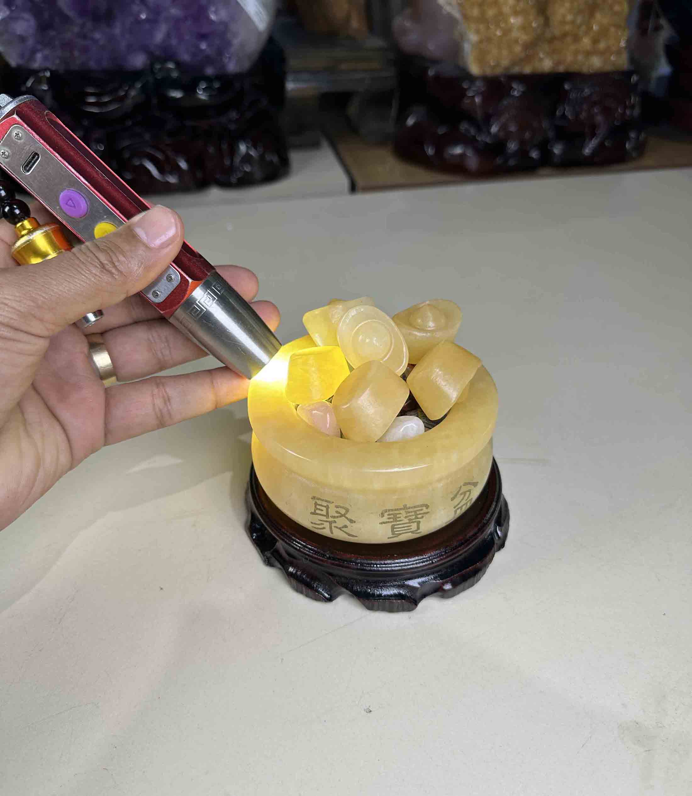 Bát Tụ Bảo Đá Ngọc Hoàng Long Tự Nhiên Vàng Ngọc Đường Kính 10cm Hàng Chuẩn