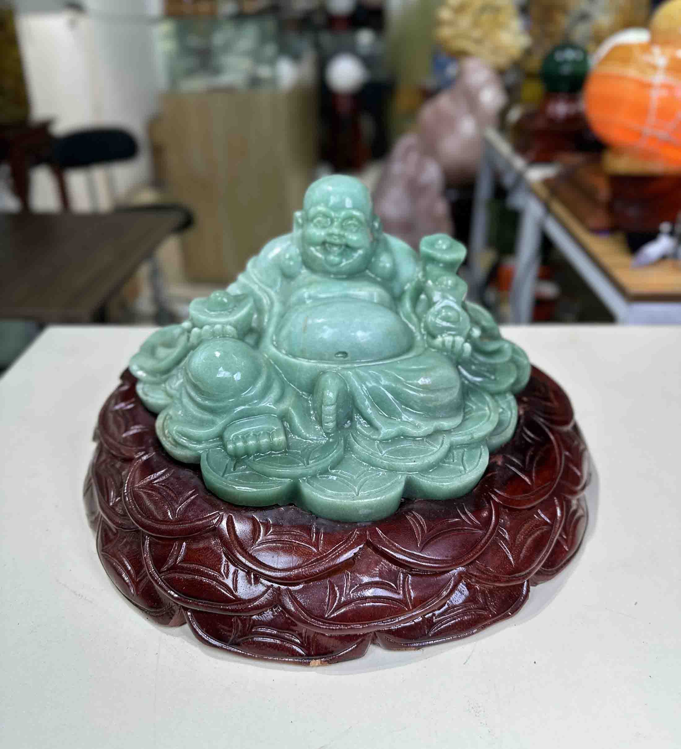 Tượng Di Lặc Thần Tài Đá Thạch Anh Xanh Tự Nhiên 30cm x 16cm