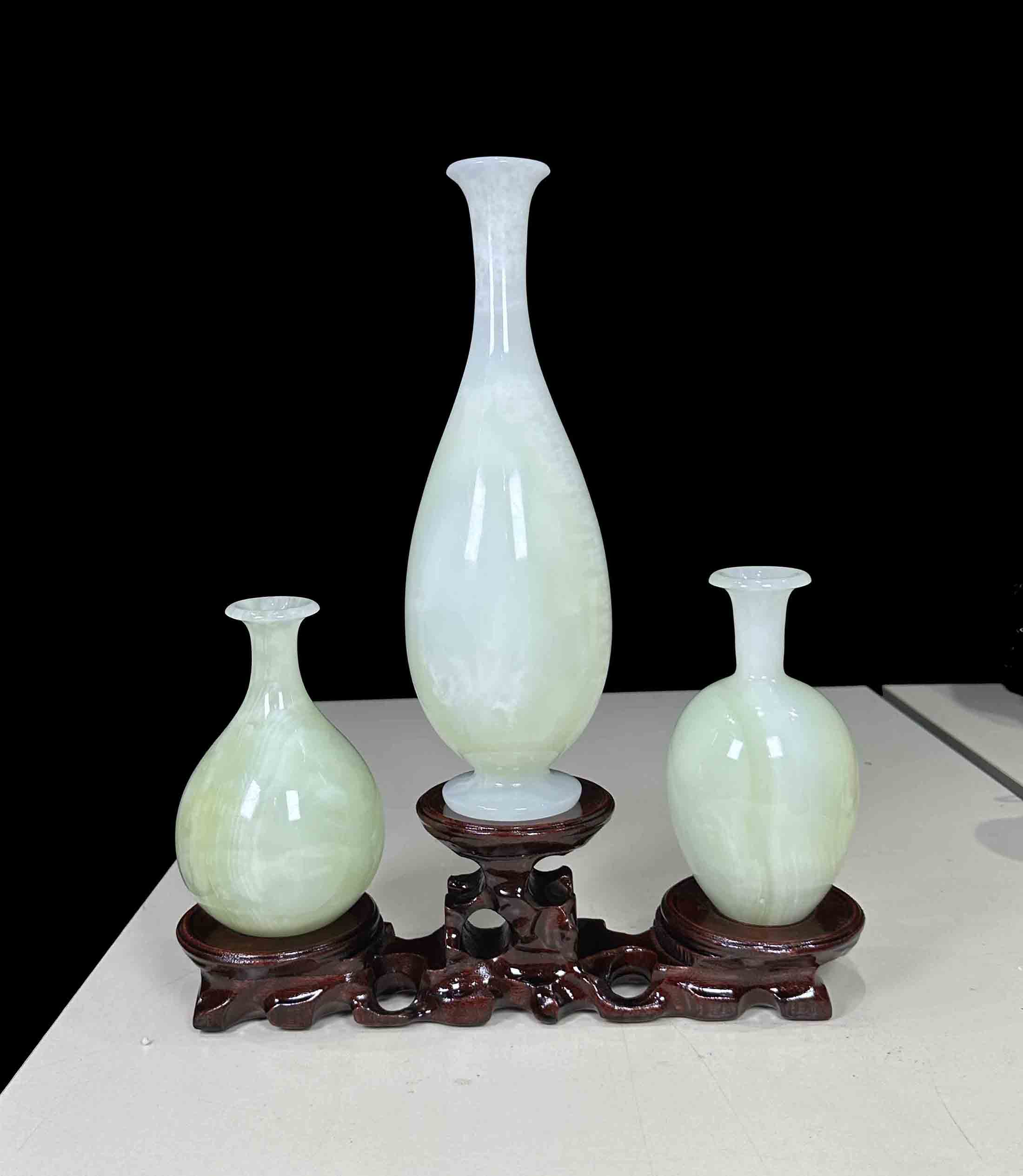 Bộ 3 Bình Ngọc Hút Lộc Ngọc Onyx tự Nhiên Xanh Ngọc Nguyên Khối M01 Kiểm Định IGG