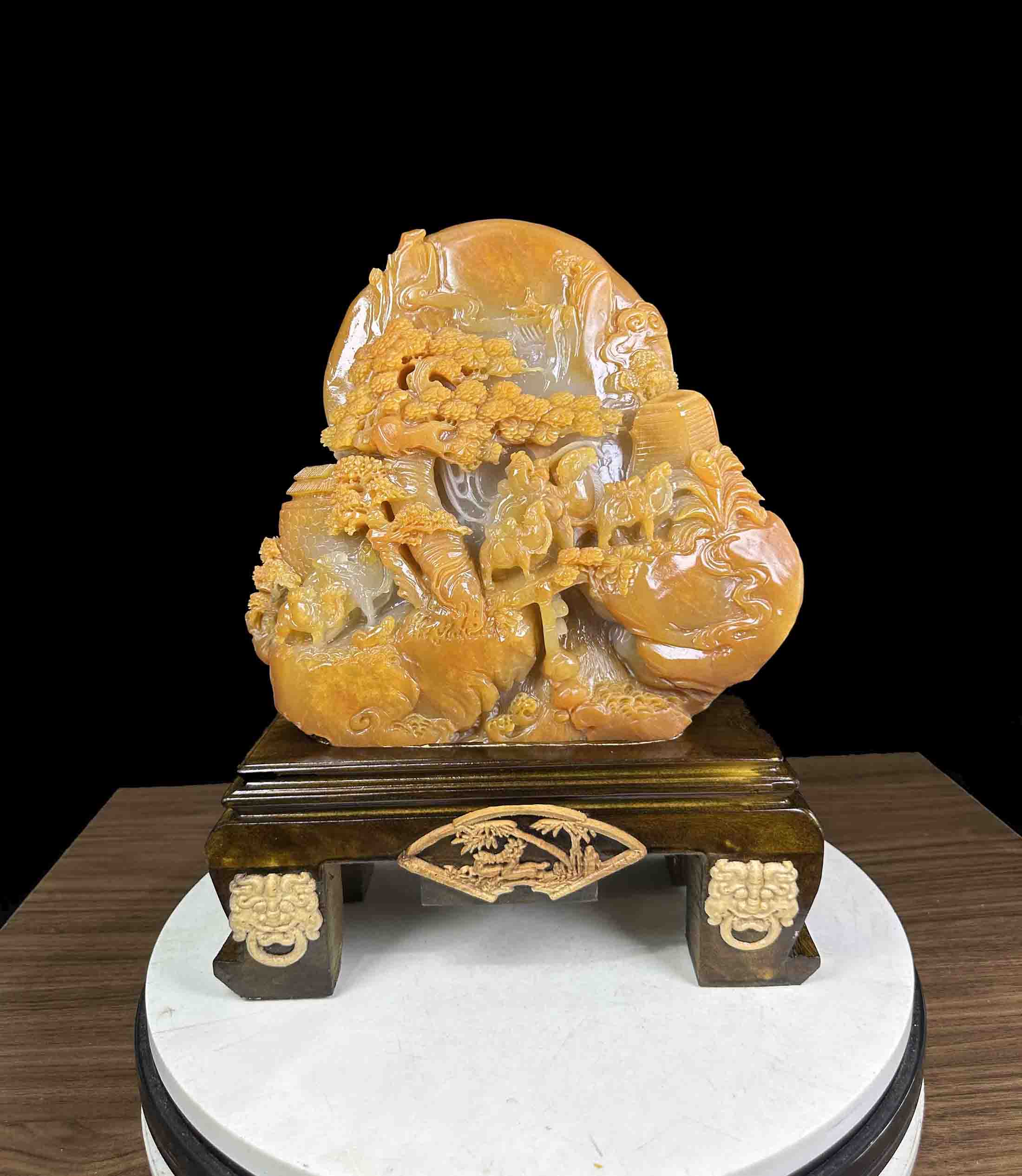 Tác Phẩm Bồng Lai Tiên Cảnh Ngọc Thọ Sơn (Agalmatolite) Vàng Ngọc