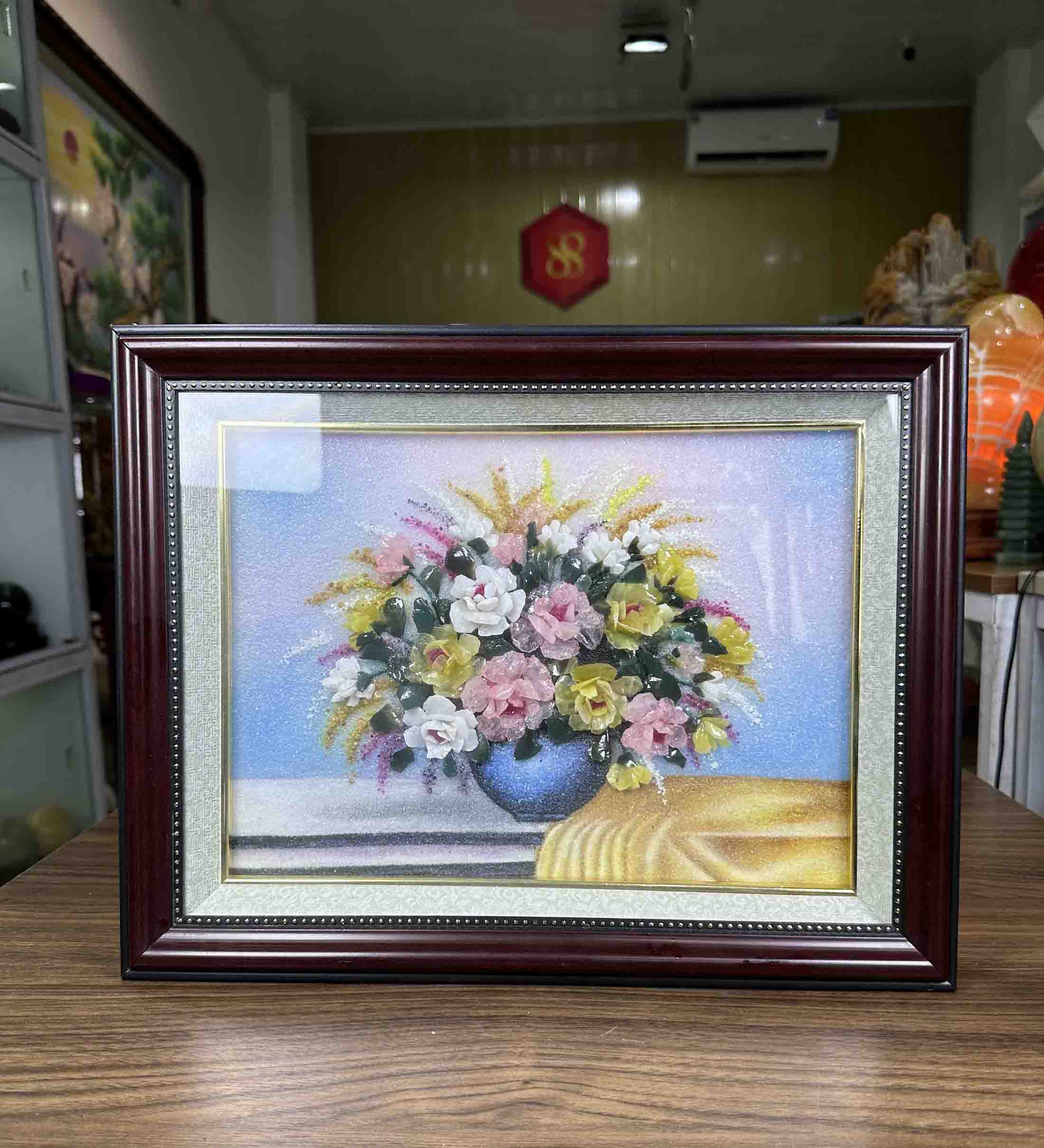 Tranh Đá Quý Tự Nhiên Cắt Mài Lọ Hoa Size 39cm x 29cm-M06