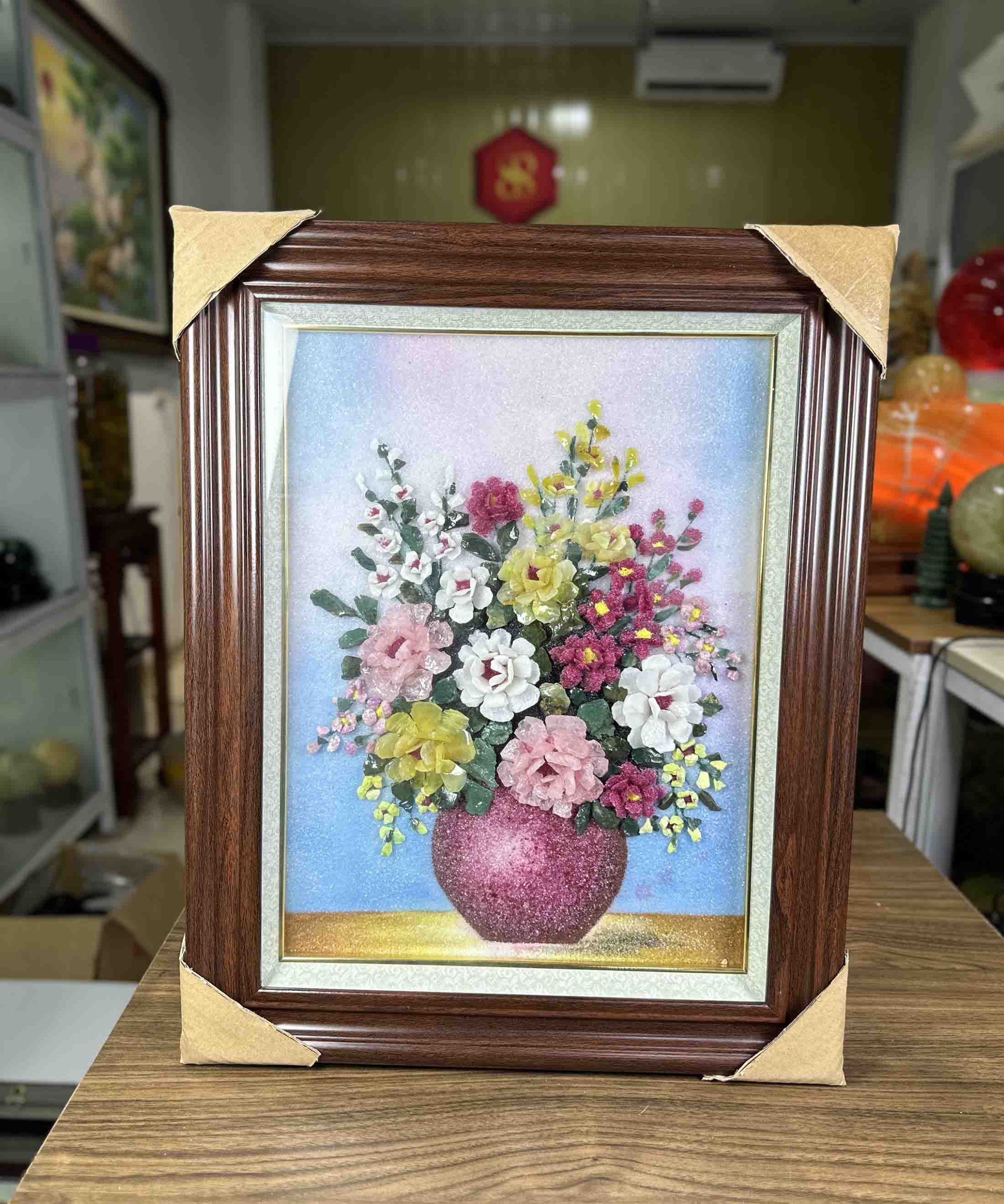 Tranh Đá Quý Tự Nhiên Cắt Mài Lọ Hoa Size 50cm x 39cm-M05