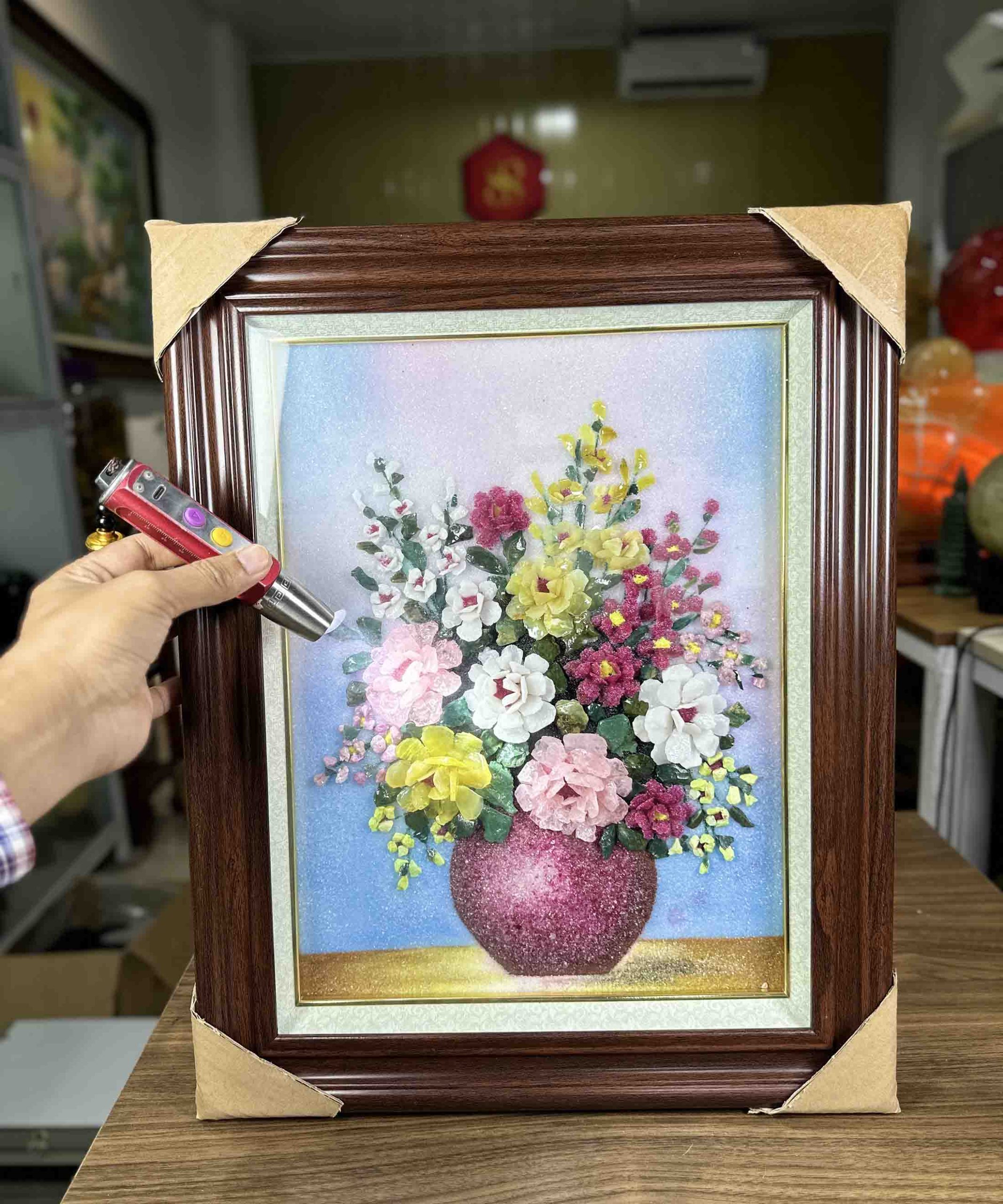Tranh Đá Quý Tự Nhiên Cắt Mài Lọ Hoa Size 50cm x 39cm-M05