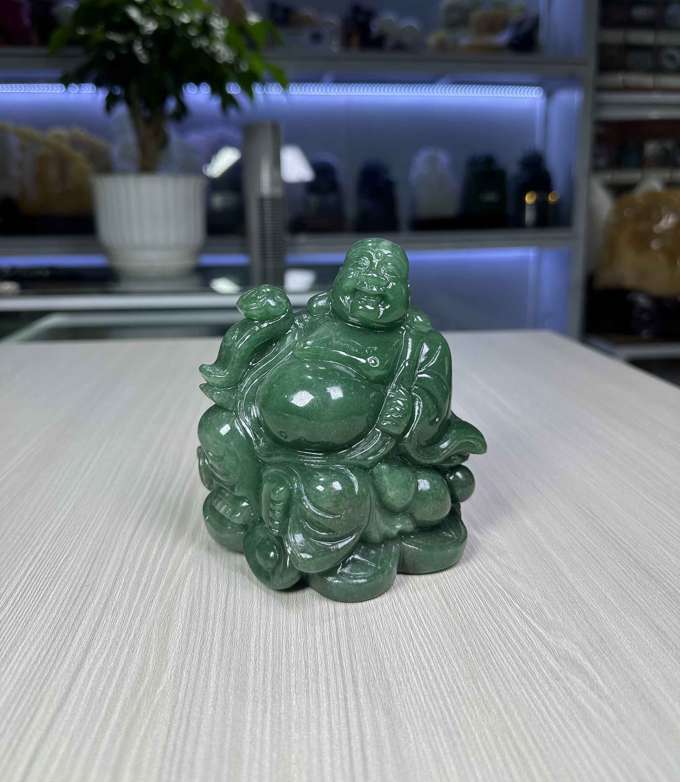 Tượng Di Lặc Đá Thạch Anh Xanh Tự Nhiên Size Để Xe Ô Tô, Bàn Làm Việc, Kệ Tủ 11.6cm