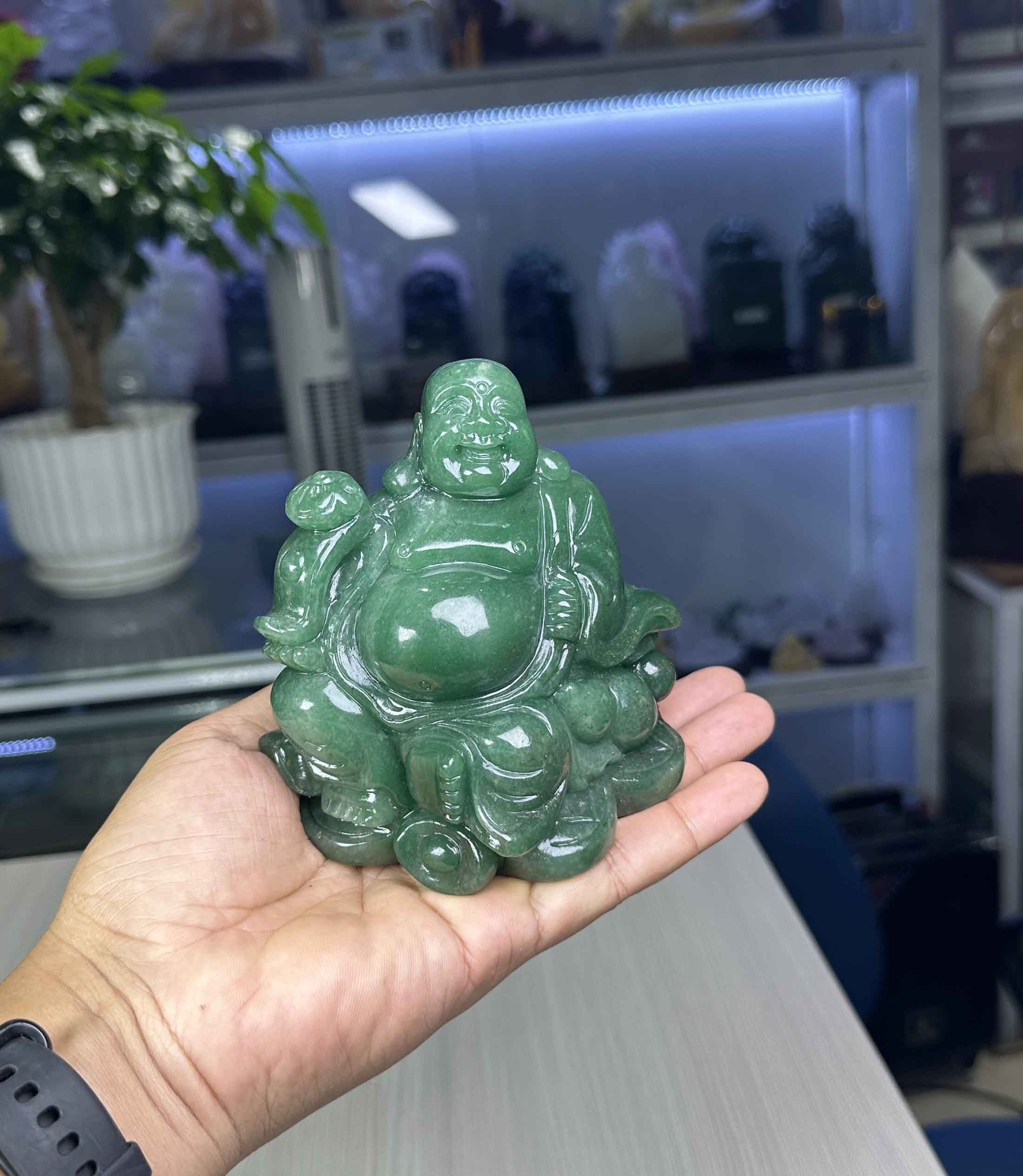 Tượng Di Lặc Đá Thạch Anh Xanh Tự Nhiên Size Để Xe Ô Tô, Bàn Làm Việc, Kệ Tủ 11.6cm