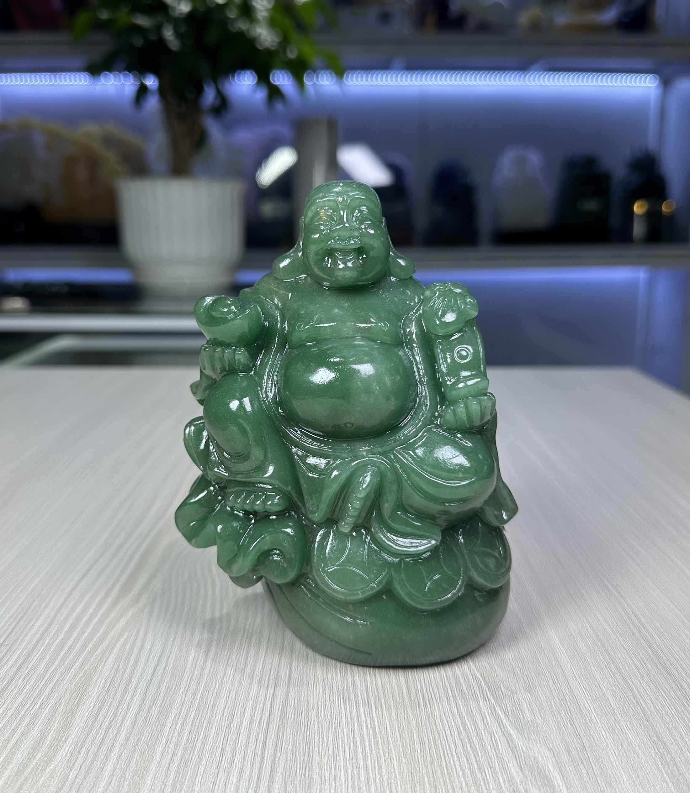 Tượng Di Lặc Đá Thạch Anh Xanh Tự Nhiên Size Để Xe Ô Tô, Bàn Làm Việc, Kệ Tủ 14cm